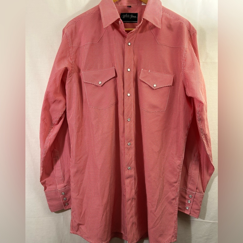 White Horse Pearl Snap Red/White Checked Western Long Sleeve Shirt Size Large